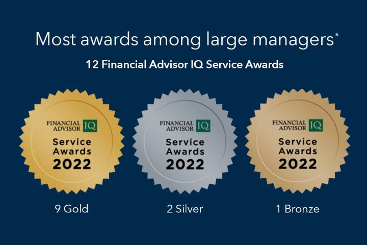 3 medals, gold, silver, and bronze, from the Financial Advisor IQ Service Awards 2022.Capital Group received 9 gold, 2 silver, and 1 bronze award.